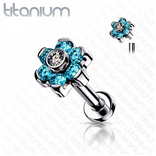Piercing Titane fleur zirconiums bleus (l�vre et oreille) - Filetage interne