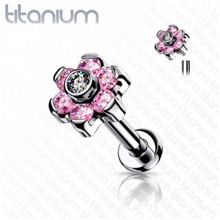 Piercing Titane fleur zirconiums roses (l�vre et oreille) - Filetage interne