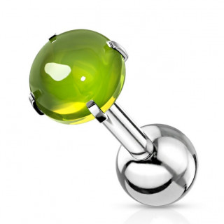 Piercing tragus acier � cabochon Vert (filetage interne)