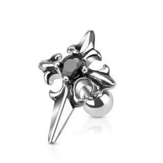 Piercing tragus avec croix m�di�vale � fleur de lys et pierre noire