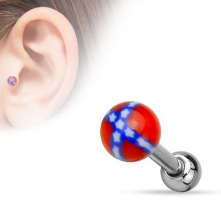 Piercing tragus / cartilage en acier avec boule acrylique � drapeau rebelle