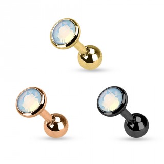 Piercing tragus/cartilage en acier plaqu� � embout plat serti d'une Opalite