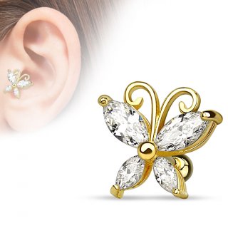 Piercing tragus / cartilage plaqu� or en forme de papillon
