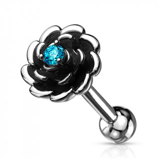 Piercing tragus fleur argent�e et noircie � strass - Aqua