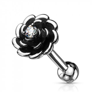 Piercing tragus fleur argent�e et noircie � strass - Clair