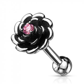 Piercing tragus fleur argent�e et noircie � strass - Rose